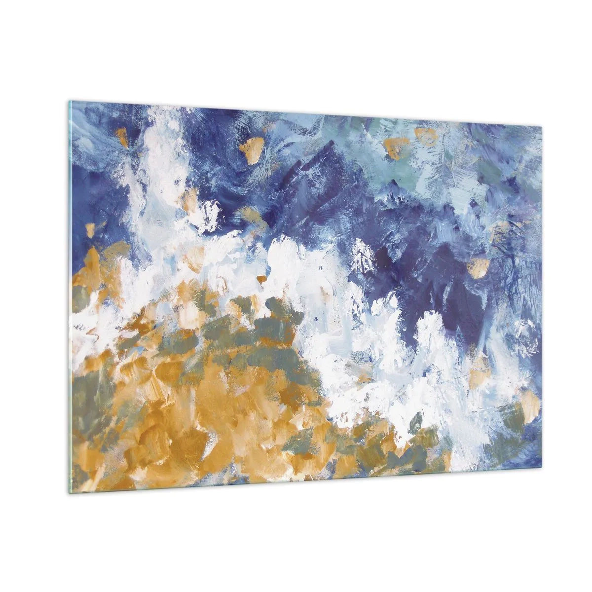 Quadro su vetro - Pennellate astratte in blu, bianco e oro - 100x70cm - La danza degli elementi - Decorazione murale moderna per soggiorno e camera da letto ARTTOR