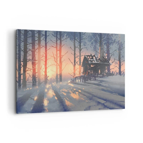 Quadro su tela - Stampe su Tela - Una casetta nel bosco in un paesaggio invernale con i raggi del sole al tramonto - 120x80cm - Qui solamente il sole osserva - Decorazione murale moderna per soggiorno e camera da letto ARTTOR