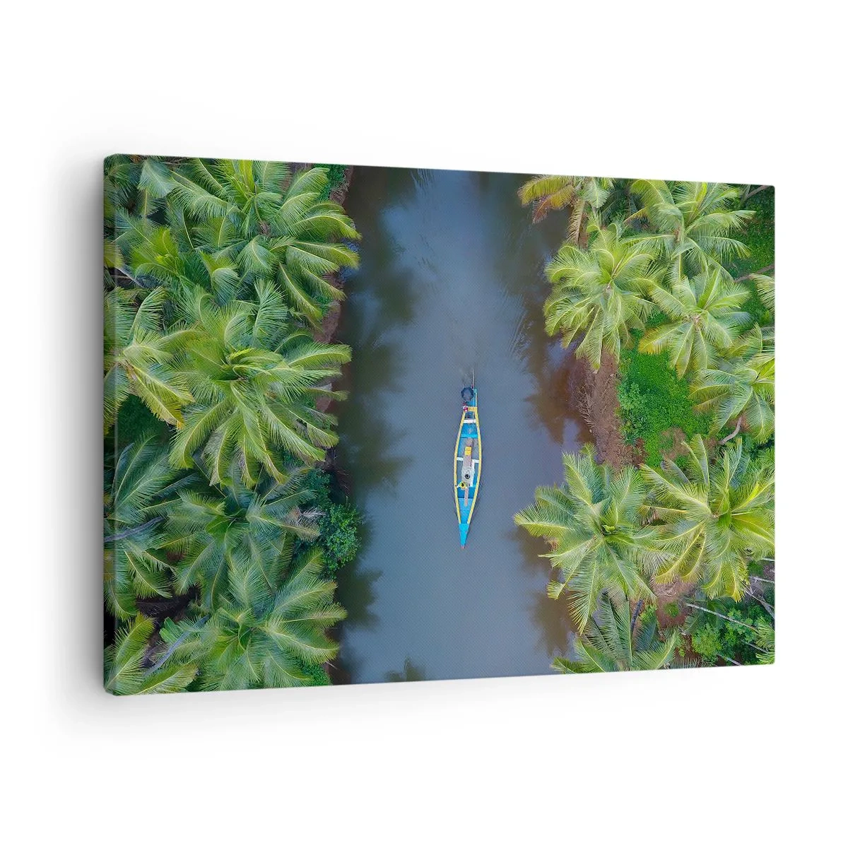 Quadro su tela - Stampe su Tela - Vista a volo d'uccello di una barca su un fiume circondata da palme - 70x50cm - Sul percorso tropicale - Decorazione murale moderna per soggiorno e camera da letto ARTTOR