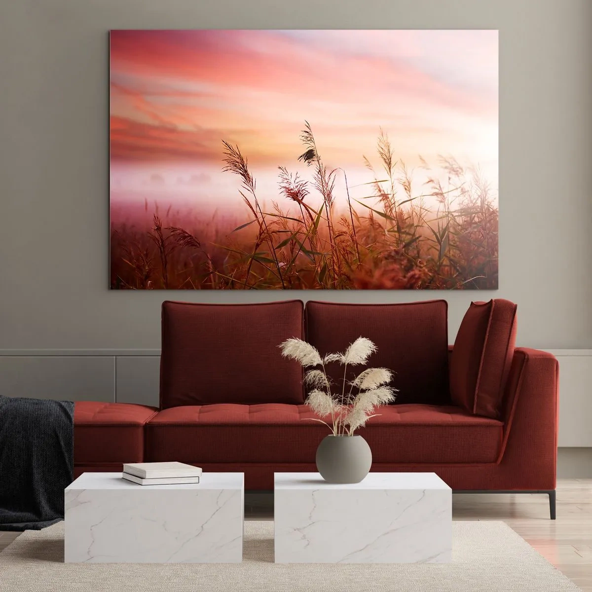 Quadro su vetro - Un prato nella nebbia mattutina con un cielo pastello - 70x50cm - Aquiloni, denti di leone, vento - Decorazione murale moderna per soggiorno e camera da letto ARTTOR