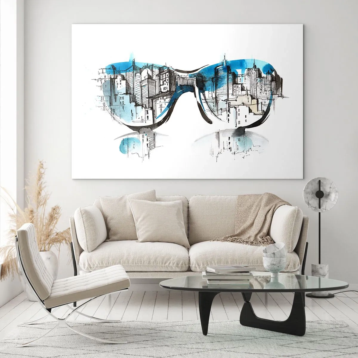 Quadro su vetro - Il panorama della città riflesso negli occhiali da sole - 100x70cm - Chic della grande città - Decorazione murale moderna per soggiorno e camera da letto ARTTOR