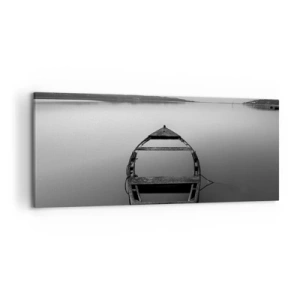 Quadro su tela - Stampe su Tela - Una barca solitaria su un lago calmo nei toni del bianco e del nero - 120x50cm - Nostalgia e malinconia - Decorazione murale moderna per soggiorno e camera da letto ARTTOR