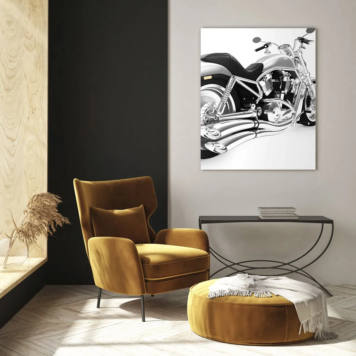 Quadro su vetro - Una motocicletta cromata in stile moderno su sfondo bianco - 50x70cm - Il sogno del collezionista - Decorazione murale moderna per soggiorno e camera da letto ARTTOR