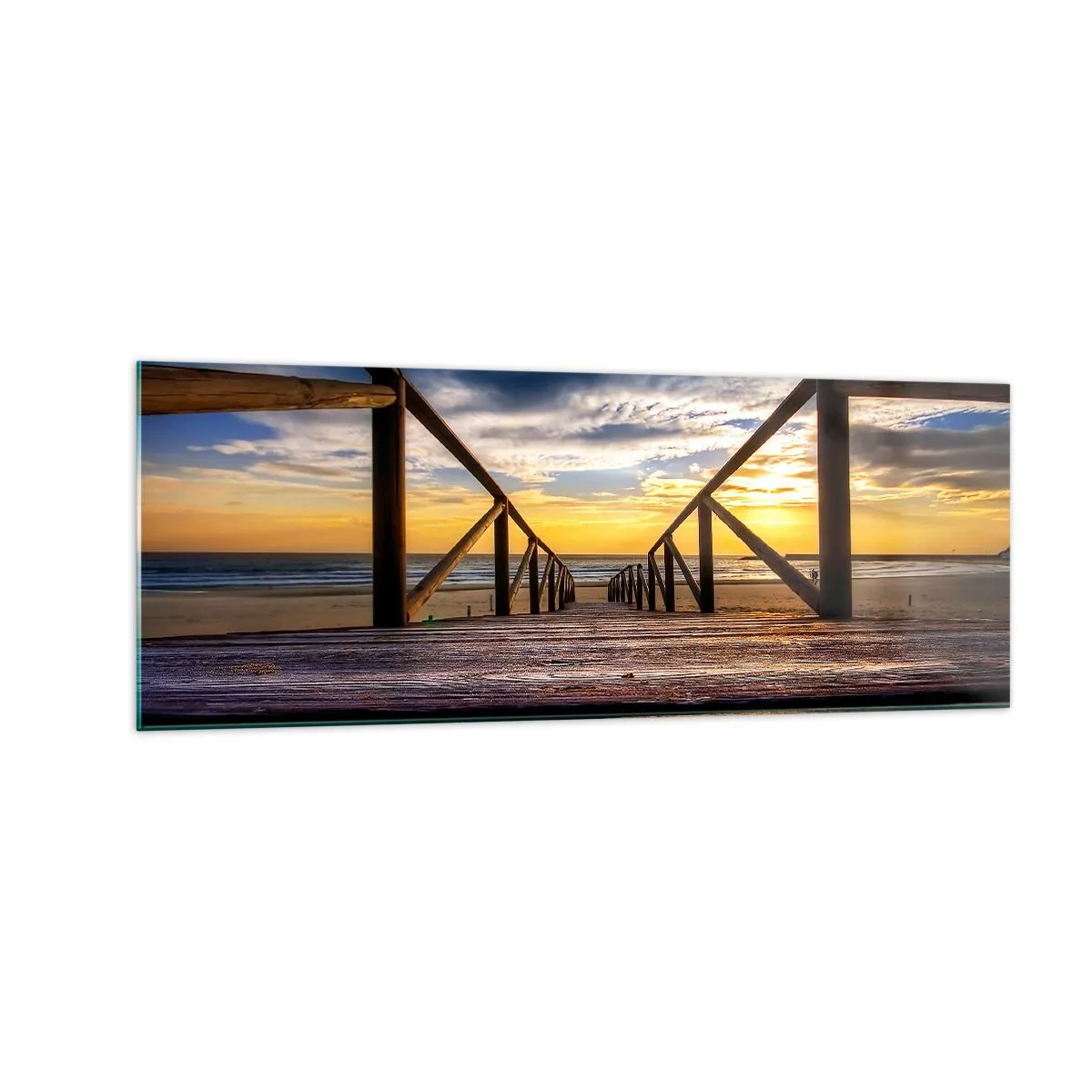 Quadro su vetro - Molo di legno che conduce alla spiaggia al tramonto - 140x50cm - Verso la spiaggia silenziosa al tramonto - Decorazione murale moderna per soggiorno e camera da letto ARTTOR