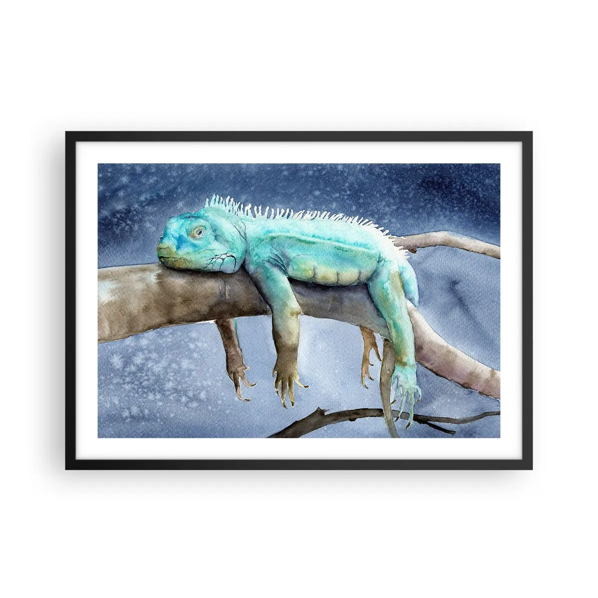 Poster in cornice nera - Iguana blu che riposa su un ramo - 70x50cm - Va tutto bene! - Decorazione murale moderna per soggiorno e camera da letto ARTTOR