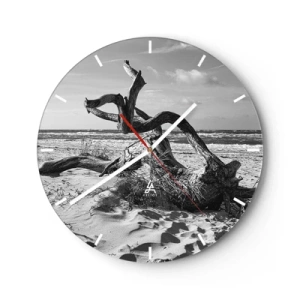 Orologio da parete - Orologio in Vetro - Un paesaggio in bianco e nero con un ramo caduto su una spiaggia sabbiosa. - 30x30cm - Scolpito dal mare - Decorazione murale moderna per soggiorno, cucina e camera da letto ARTTOR