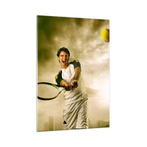 Quadro su vetro - Un tennista che colpisce la palla sullo sfondo di una città - 50x70cm - Energia e gioia - Decorazione murale moderna per soggiorno e camera da letto ARTTOR