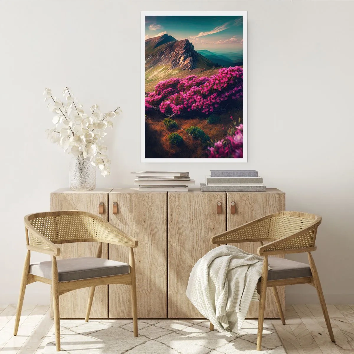 Poster - Paesaggio montano con rododendri in fiore - 50x70cm - L'estate sui monti - Decorazione murale moderna per soggiorno e camera da letto ARTTOR