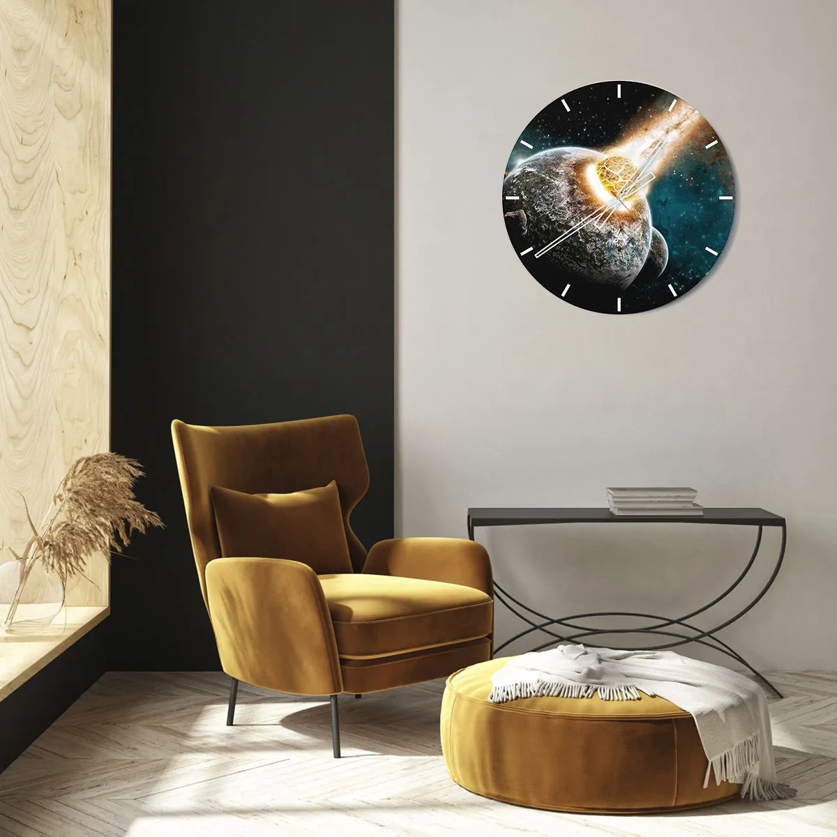 Orologio da parete - Orologio in Vetro - Terra e meteorite in un'esplosione cosmica - 30x30cm - Estinzione o nascita? - Decorazione murale moderna per soggiorno, cucina e camera da letto ARTTOR