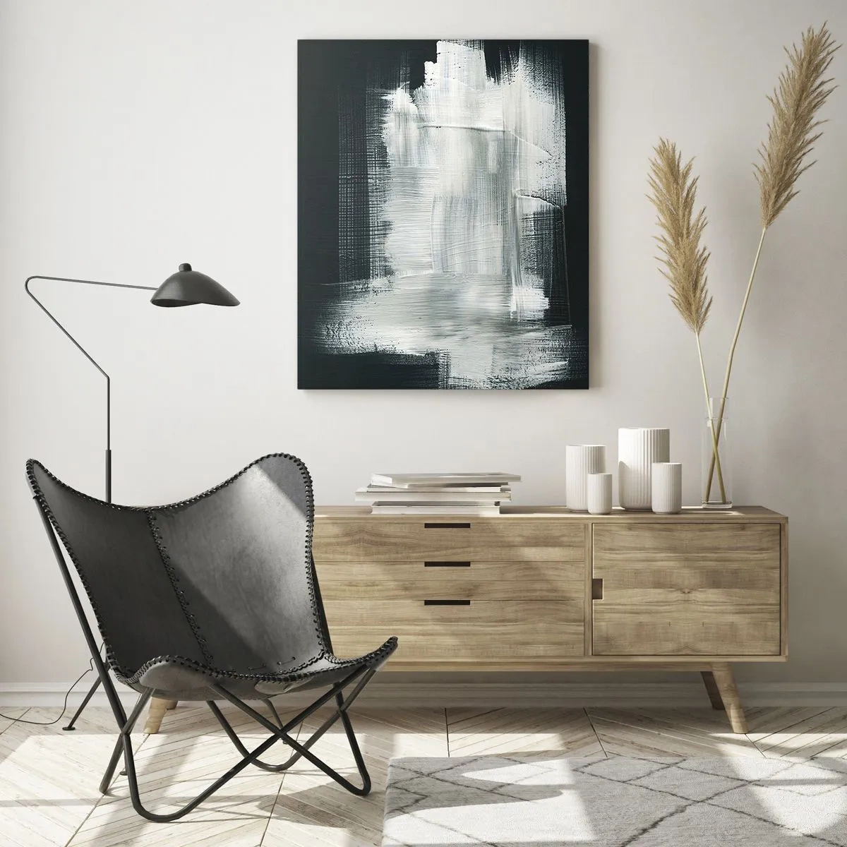 Quadro su vetro - Tratti astratti bianchi su sfondo scuro - 70x100cm - Tessuto in verticale e in orizzontale - Decorazione murale moderna per soggiorno e camera da letto ARTTOR