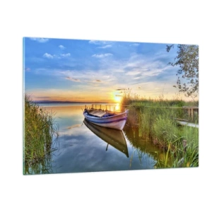 Quadro su vetro - Una barca ormeggiata sulla riva di un lago al tramonto - 120x80cm - L'insenatura dei sogni realizzati - Decorazione murale moderna per soggiorno e camera da letto ARTTOR