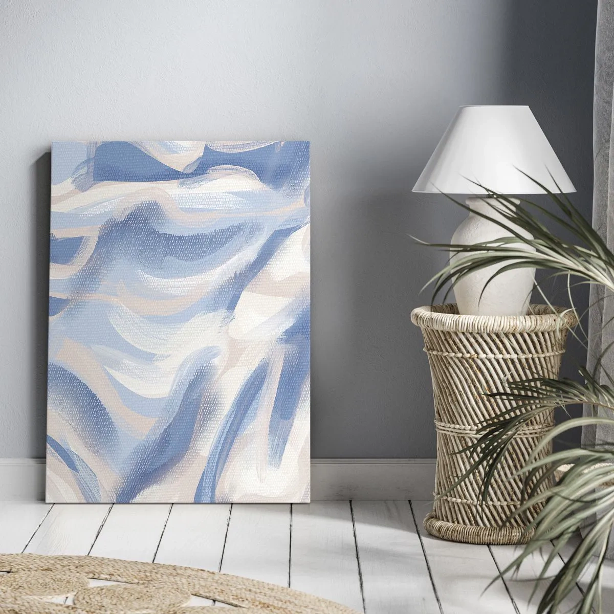 Quadro su tela - Stampe su Tela - Pennellate astratte nei toni del blu e del beige - 50x70cm - Ondulazioni azzurre - Decorazione murale moderna per soggiorno e camera da letto ARTTOR