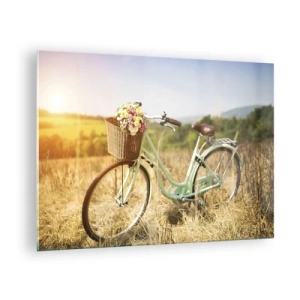 Quadro su vetro - Bicicletta retrò con fiori su sfondo naturale - 70x50cm - Resto qui un attimo - Decorazione murale moderna per soggiorno e camera da letto ARTTOR