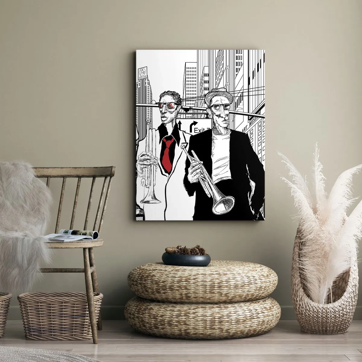Quadro su tela - Stampe su Tela - Illustrazione di musicisti jazz su uno sfondo urbano - 50x70cm - Rapsodia cittadina in nero e rosso - Decorazione murale moderna per soggiorno e camera da letto ARTTOR