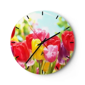 Orologio da parete - Orologio in Vetro - Tulipani colorati contro un cielo luminoso e soleggiato - 30x30cm - Eccoci, i colori di maggio! - Decorazione murale moderna per soggiorno, cucina e camera da letto ARTTOR