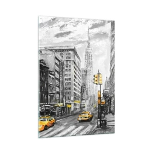 Quadro su vetro - Un'illustrazione della città di New York nei toni del bianco e del nero con accenti gialli. - 50x70cm - Racconto di New York - Decorazione murale moderna per soggiorno e camera da letto ARTTOR