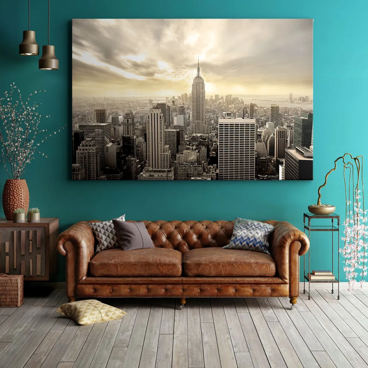 Quadro su tela - Stampe su Tela - Panorama della città con vista sull'Empire State Building - 120x80cm - New York in grigio - Decorazione murale moderna per soggiorno e camera da letto ARTTOR