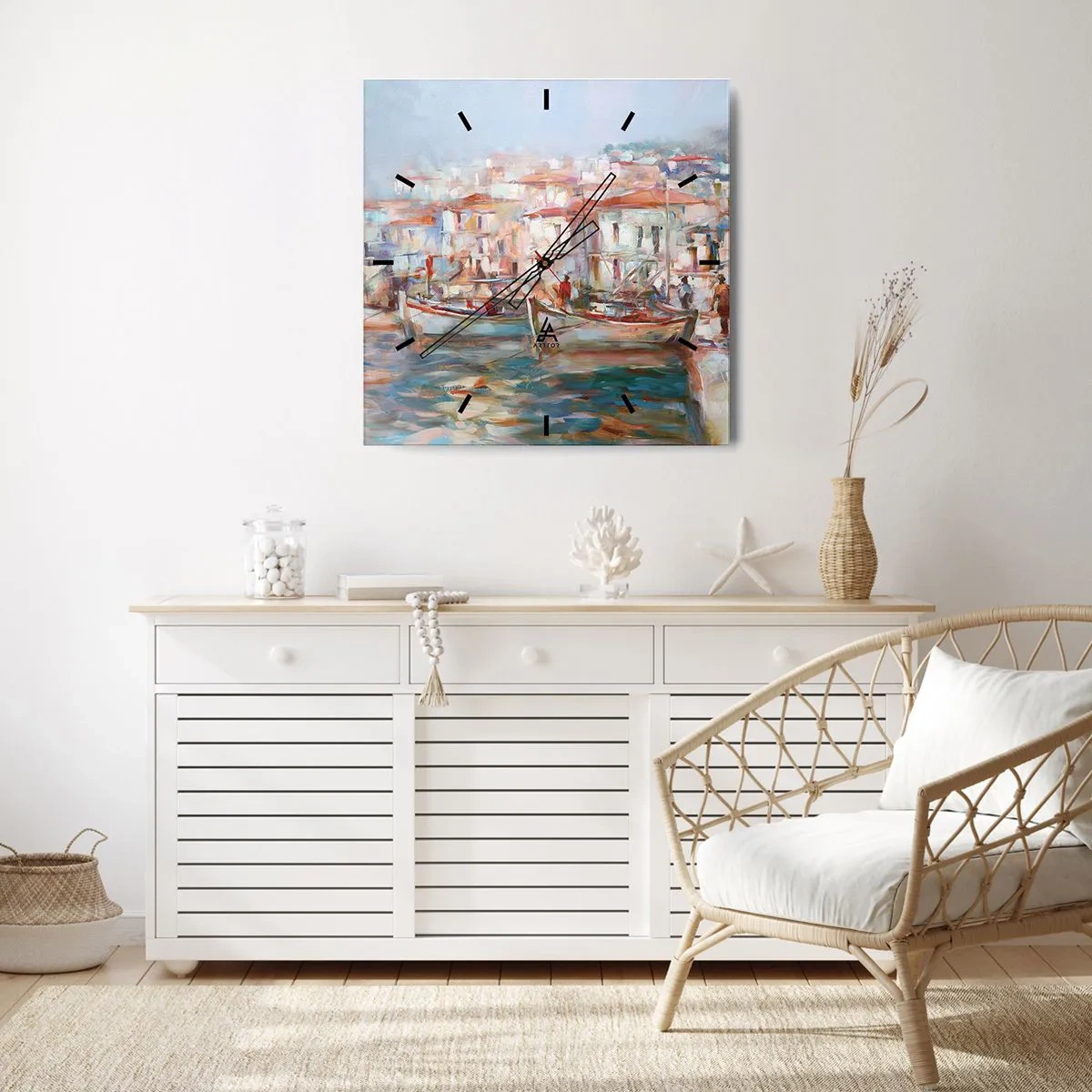 Orologio da parete - Orologio in Vetro - Impressione del porto con barche ed edifici - 30x30cm - Vacanze in pastello - Decorazione murale moderna per soggiorno e camera da letto ARTTOR