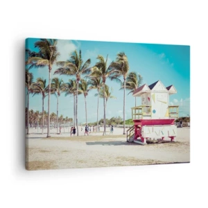 Quadro su tela - Stampe su Tela - Una spiaggia con palme e una torre di salvataggio sullo sfondo - 70x50cm - Ti aspetta una bella giornata - Decorazione murale moderna per soggiorno e camera da letto ARTTOR
