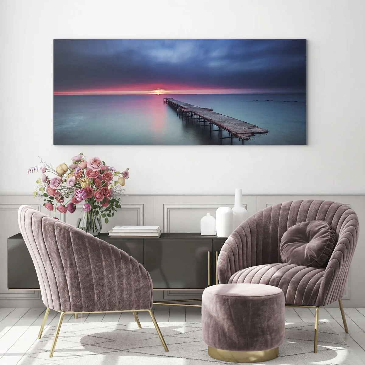 Quadro su vetro - Un molo di legno che conduce direttamente al mare al tramonto - 160x50cm - Tra il cielo e la terra - Decorazione murale moderna per soggiorno e camera da letto ARTTOR