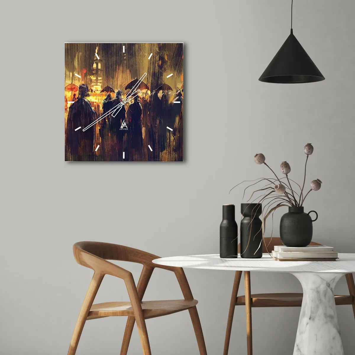 Orologio da parete - Orologio in Vetro - Figure con ombrelli in una città piovosa di notte - 30x30cm - Gli adoratori della pioggia - Decorazione murale moderna per soggiorno e camera da letto ARTTOR