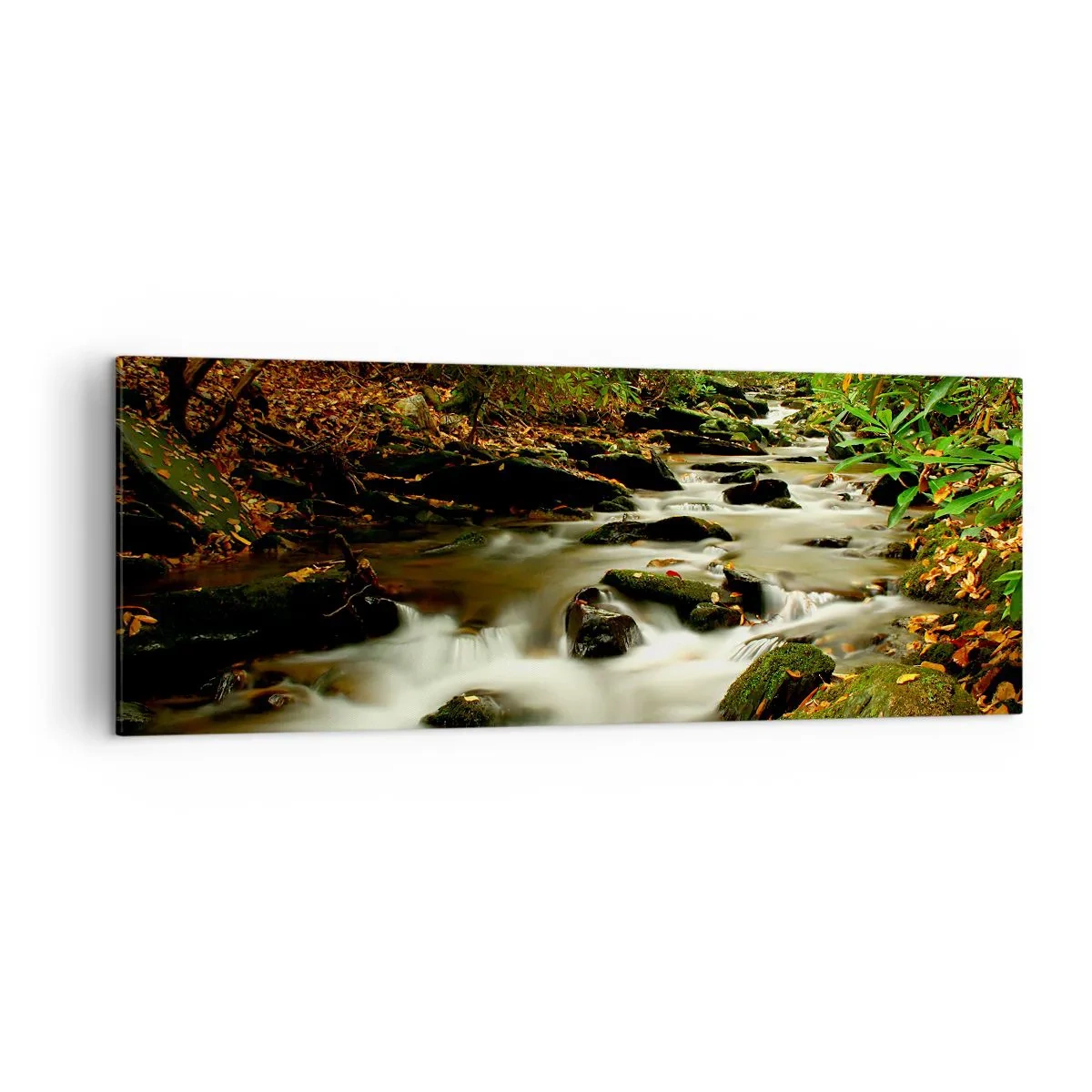 Quadro su tela - Stampe su Tela - Un ruscello nella foresta che scorre tra le pietre circondato dal verde - 140x50cm - Come argento liquido - Decorazione murale moderna per soggiorno e camera da letto ARTTOR
