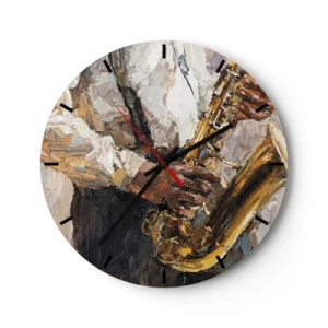 Orologio da parete - Orologio in Vetro - Un dipinto artistico raffigurante un musicista che suona il sassofono - 30x30cm - Tempo di assolo - Decorazione murale moderna per soggiorno, cucina e camera da letto ARTTOR