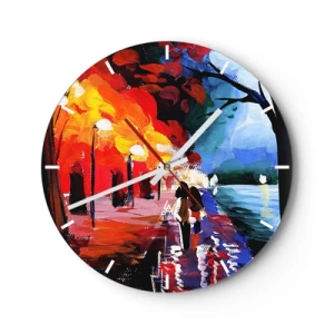 Orologio da parete - Orologio in Vetro - Un paesaggio colorato con una coppia che cammina alla luce di un lampione. - 30x30cm - Autunno infuocato nel parco - Decorazione murale moderna per soggiorno, cucina e camera da letto ARTTOR