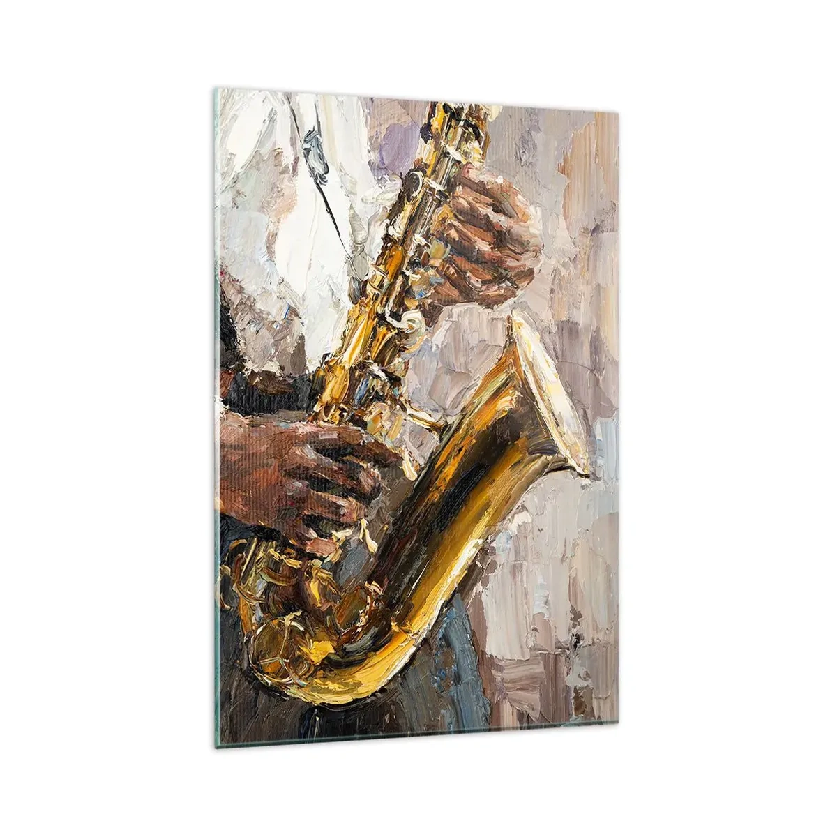 Quadro su vetro - Un musicista che suona il sassofono in uno stile artistico - 80x120cm - Tempo di assolo - Decorazione murale moderna per soggiorno e camera da letto ARTTOR