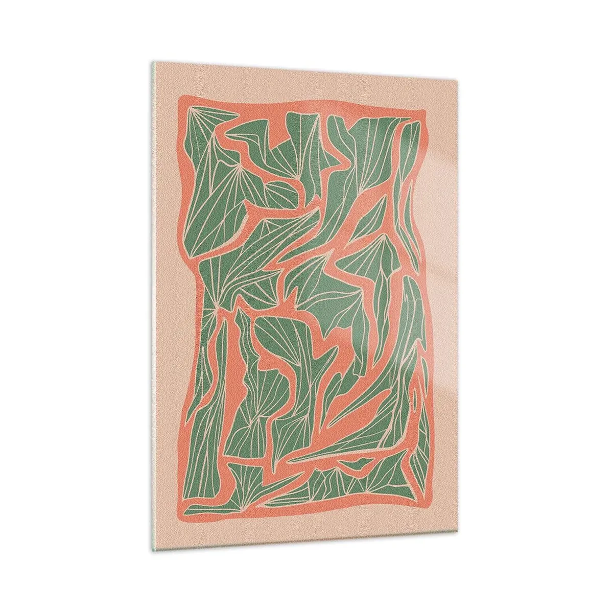 Quadro su vetro - Forme di foglie verdi circondate da una cornice di corallo su uno sfondo beige - 50x70cm - La lotta tra il corallo e il verde - Decorazione murale moderna per soggiorno e camera da letto ARTTOR