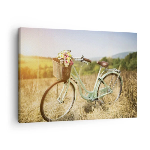 Quadro su tela - Stampe su Tela - Una bicicletta retrò con un cesto pieno di fiori sullo sfondo di un prato. - 70x50cm - Resto qui un attimo - Decorazione murale moderna per soggiorno e camera da letto ARTTOR