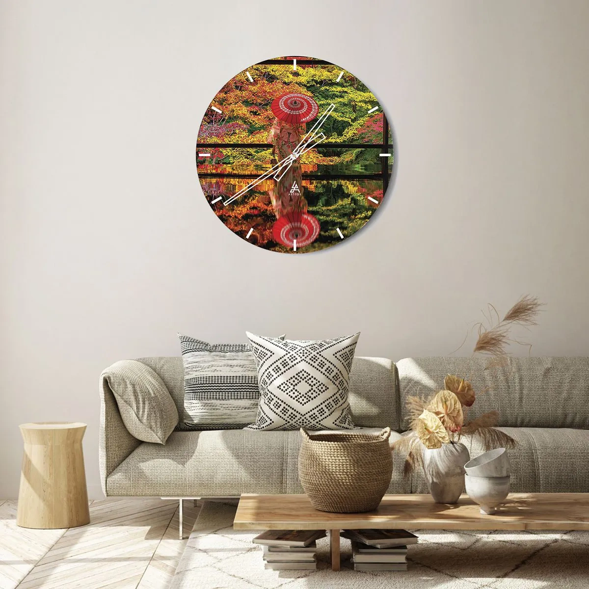 Orologio da parete - Orologio in Vetro - Ombrello giapponese tra le foglie autunnali - 30x30cm - Nel tempio della natura - Decorazione murale moderna per soggiorno, cucina e camera da letto ARTTOR