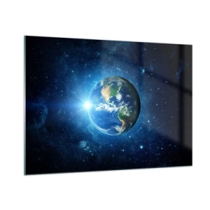 Quadro su vetro - La Terra vista dallo spazio con raggi di luce - 100x70cm - Siamo in cielo - Decorazione murale moderna per soggiorno e camera da letto ARTTOR