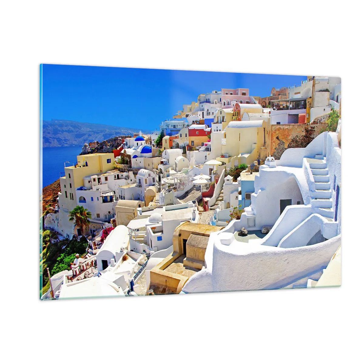 Quadro su vetro - Santorini con case bianche contro un cielo blu - 120x80cm - Sogno di un'estate greca - Decorazione murale moderna per soggiorno e camera da letto ARTTOR