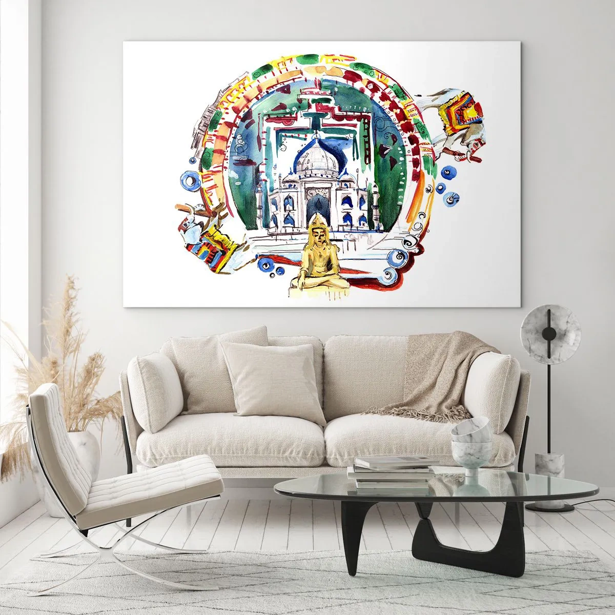 Quadro su vetro - Illustrazione colorata di monumenti indiani in stile acquerello - 70x50cm - L'equilibrio indiano del mondo - Decorazione murale moderna per soggiorno e camera da letto ARTTOR