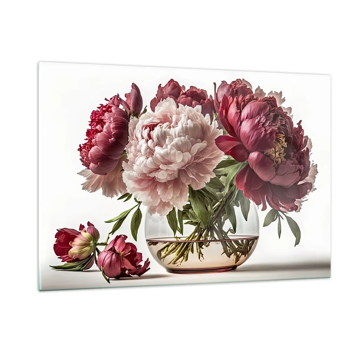 Quadro su vetro - Un bouquet di peonie in un vaso di vetro su uno sfondo chiaro - 120x80cm - Bellezza in piena fioritura - Decorazione murale moderna per soggiorno e camera da letto ARTTOR