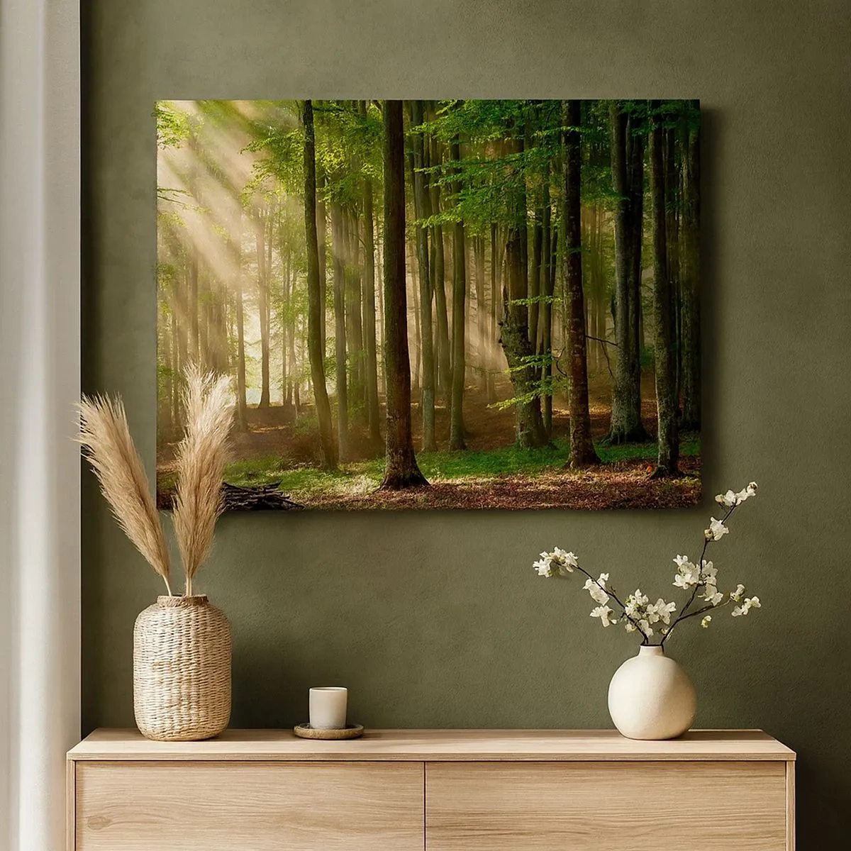 Quadro su tela - Stampe su Tela - Raggi di sole che penetrano attraverso gli alberi nella foresta - 70x50cm - Raggiante in un mattino di primavera - Decorazione murale moderna per soggiorno e camera da letto ARTTOR