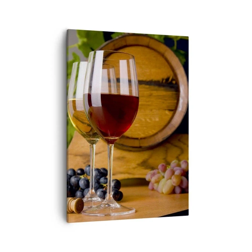 Quadro su tela - Stampe su Tela - Bicchieri di vino con uva, una botte e bottiglie su un tavolo di legno - 50x70cm - Come presso gli antichi conoscitori - Decorazione murale moderna per soggiorno e camera da letto ARTTOR
