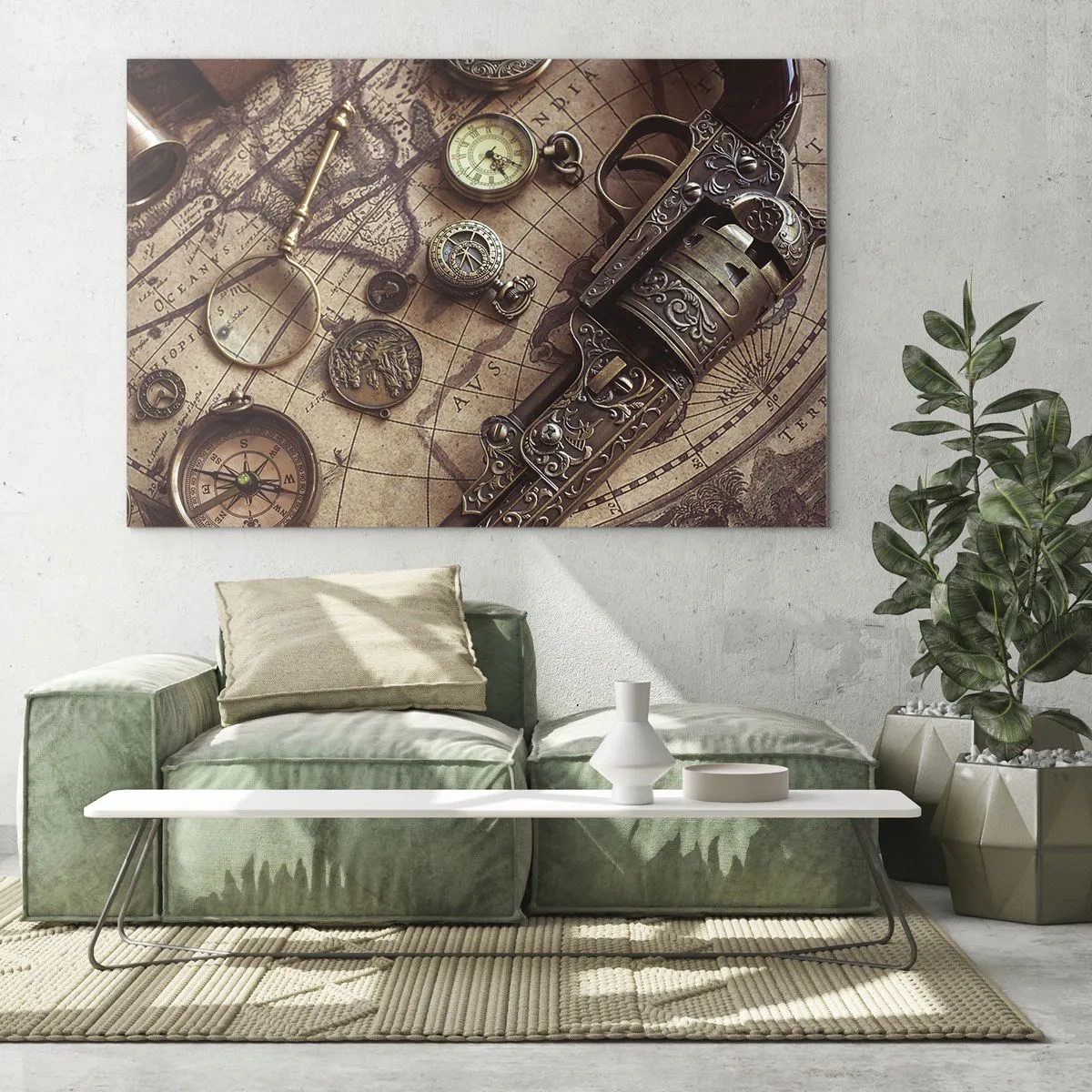 Quadro su vetro - Oggetti antichi e una mappa - 100x70cm - La natura chiama - Decorazione murale moderna per soggiorno e camera da letto ARTTOR