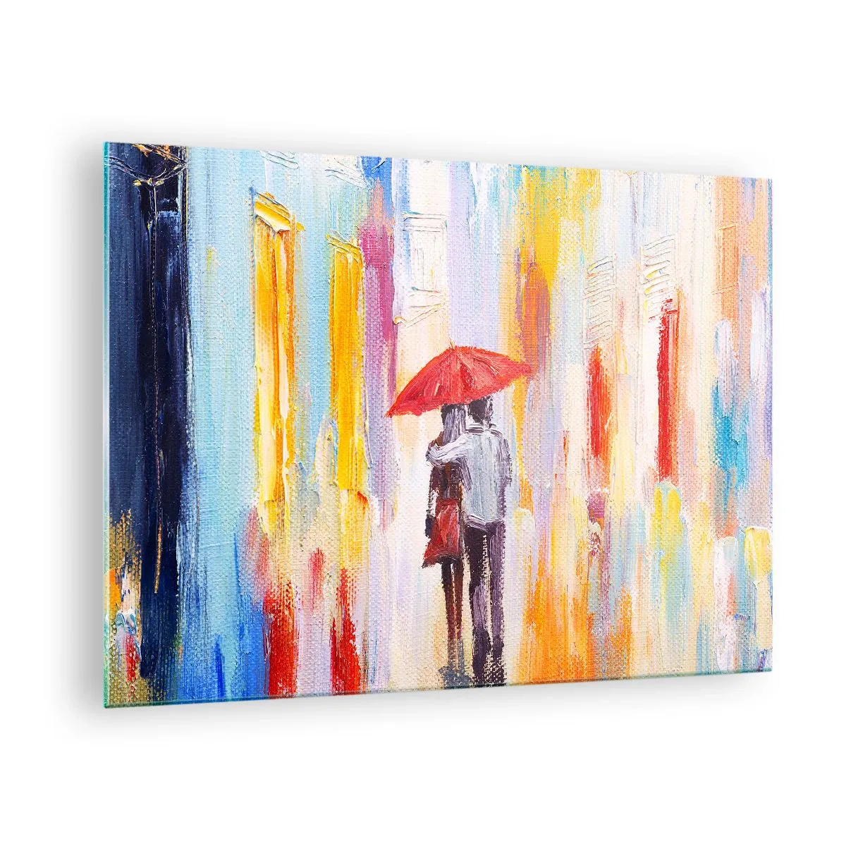 Quadro su vetro - Una coppia tiene un ombrello rosso sotto la pioggia, sullo sfondo di una strada colorata. - 70x50cm - Che piova ancora - Decorazione murale moderna per soggiorno e camera da letto ARTTOR