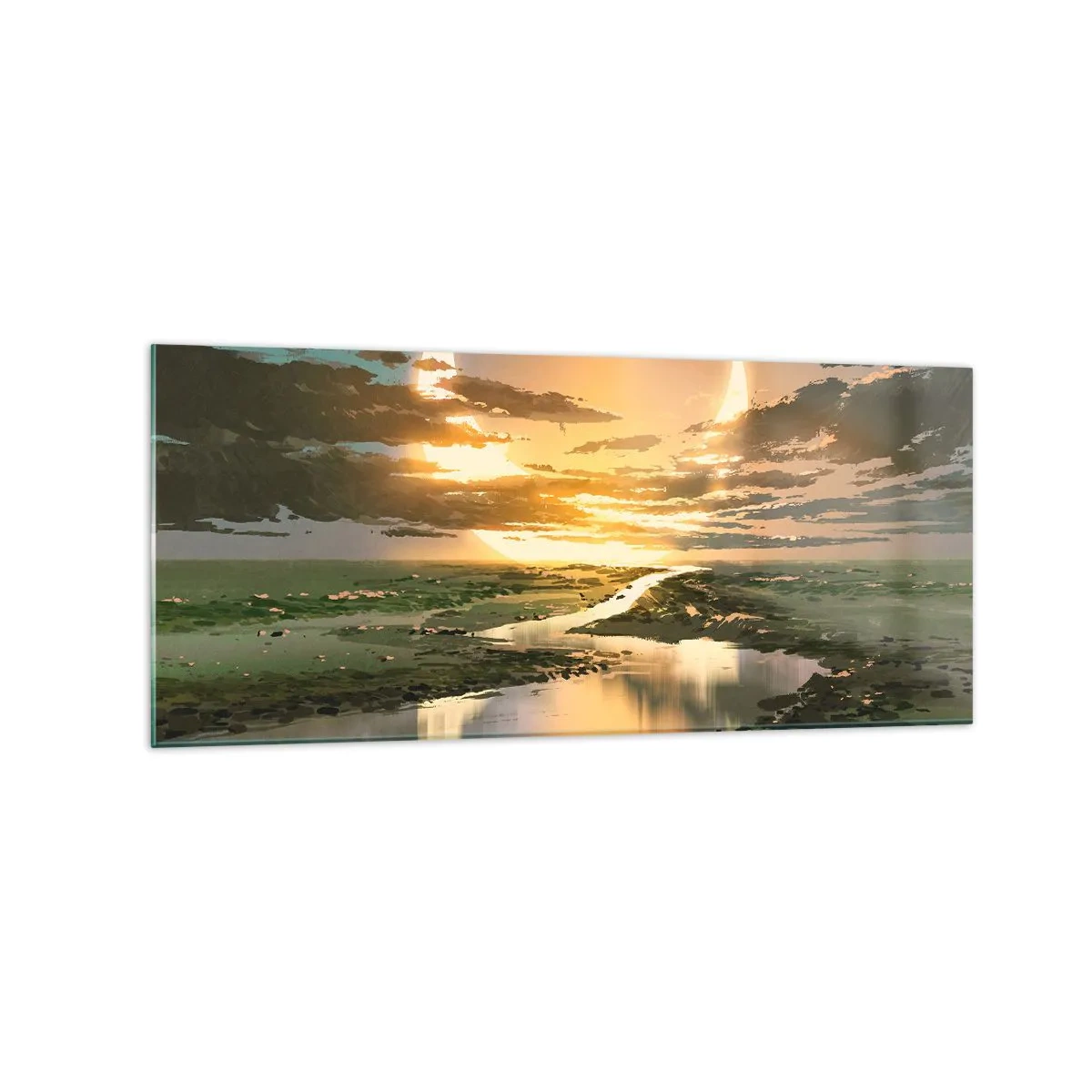 Quadro su vetro - Un paesaggio fantastico con due lune all'orizzonte - 120x50cm - Da qualche parte in una galassia lontana - Decorazione murale moderna per soggiorno e camera da letto ARTTOR