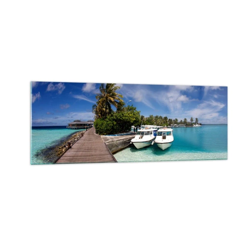 Quadro su vetro - Un molo su un mare turchese con barche e palme - 140x50cm - Il paradiso esiste davvero - Decorazione murale moderna per soggiorno e camera da letto ARTTOR
