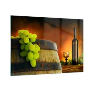 Quadro su vetro - Uva su una botte in un ambiente rustico con vino sullo sfondo - 100x70cm - Natura morta con bottiglia di vino e acini d'uva - Decorazione murale moderna per soggiorno e camera da letto ARTTOR