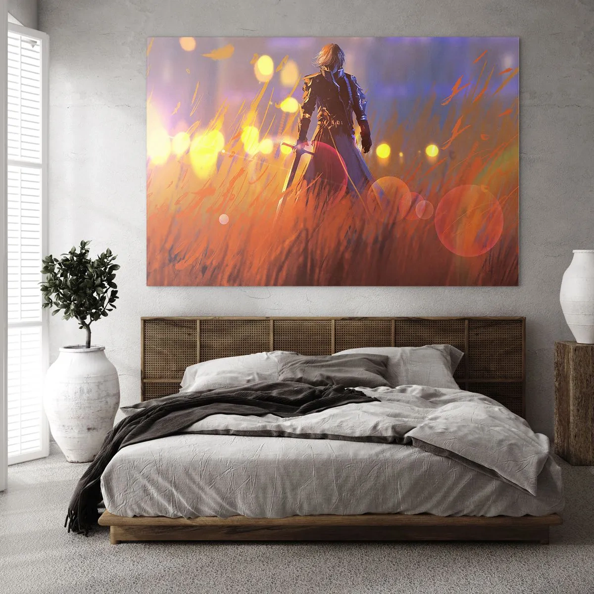 Quadro su vetro - Una figura in armatura tra l'erba arancione e uno sfondo luminoso. - 100x70cm - Il cavaliere errante - Decorazione murale moderna per soggiorno e camera da letto ARTTOR