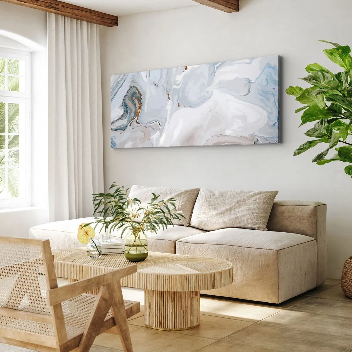 Quadro su tela - Stampe su Tela - Onde astratte nei toni del blu e del bianco - 120x50cm - Bianchi sovrapposti - Decorazione murale moderna per soggiorno e camera da letto ARTTOR