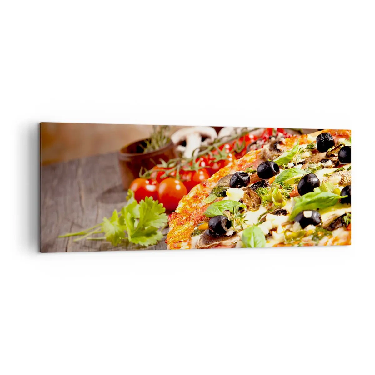 Quadro su tela - Stampe su Tela - Pizza con olive, basilico e ingredienti freschi su fondo in legno - 140x50cm - Con ingredienti tellurici - Decorazione murale moderna per soggiorno e camera da letto ARTTOR