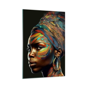 Quadro su vetro - Ritratto di una donna con un motivo colorato e un turbante - 70x100cm - Regina africana - Decorazione murale moderna per soggiorno e camera da letto ARTTOR