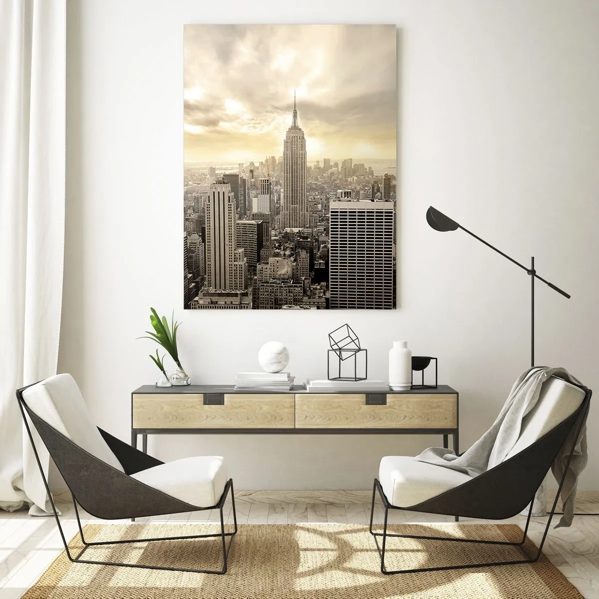 Quadro su vetro - Panorama della città con vista sull'Empire State Building - 80x120cm - New York in grigio - Decorazione murale moderna per soggiorno e camera da letto ARTTOR