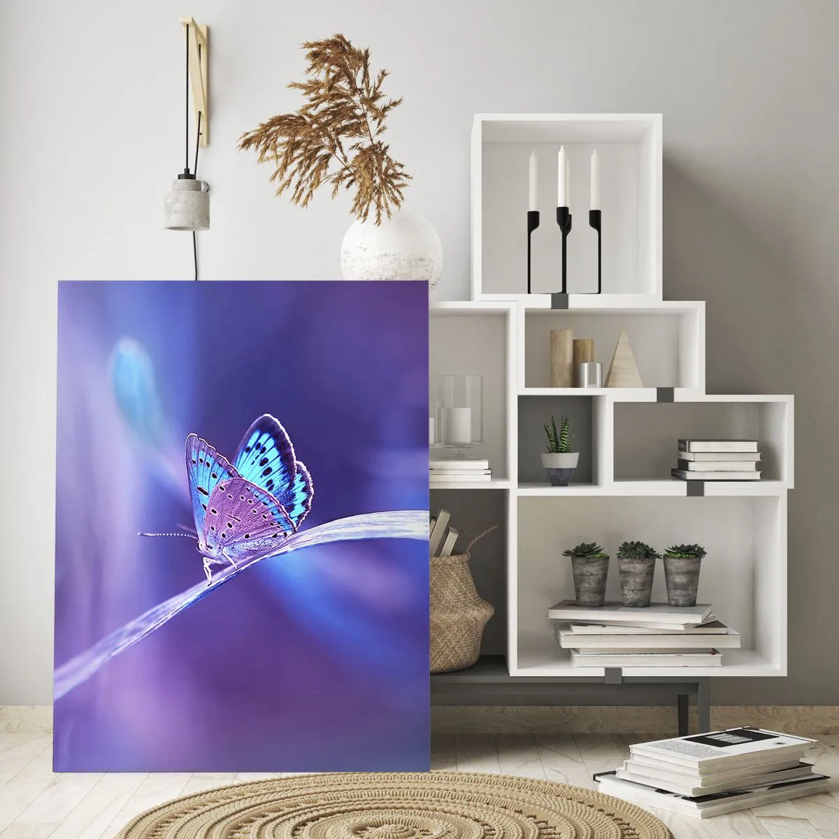 Quadro su vetro - Farfalla su uno sfondo di luce viola - 50x70cm - Gioielli della natura - Decorazione murale moderna per soggiorno e camera da letto ARTTOR