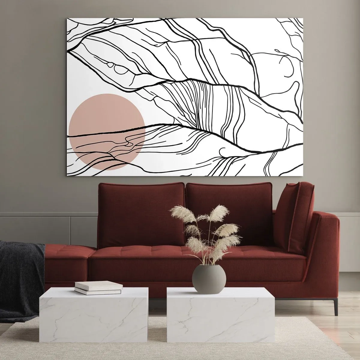 Quadro su vetro - Linee ombrose di rami con un sole beige - 70x50cm - Nella rete dei rami - Decorazione murale moderna per soggiorno e camera da letto ARTTOR